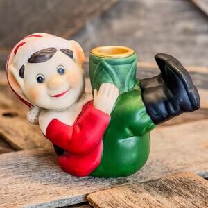 Vintage Christmas Elf Ceramic Bisque Candlestick Holder, Holiday Decor, 5.25”W